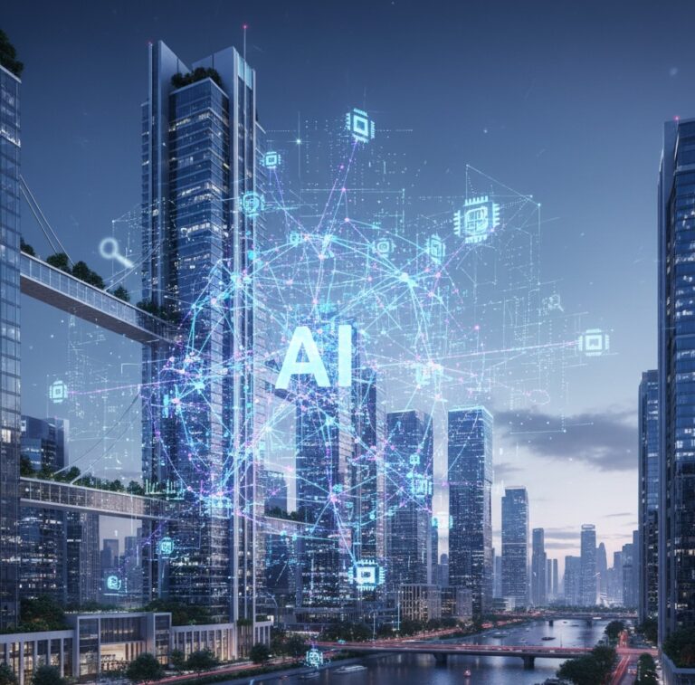 Futuristic city skyline at dusk with a glowing AI network graphic, symbolizing artificial intelligence integration into modern infrastructure and technology.