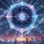 A futuristic, glowing hexagonal AI core with a central eye symbol, emitting vibrant light rays and particles that form an orbital ring
