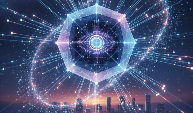 A futuristic, glowing hexagonal AI core with a central eye symbol, emitting vibrant light rays and particles that form an orbital ring